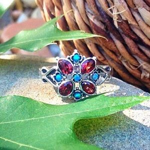 Garnet Fire Opal In Stering Silver flower ring